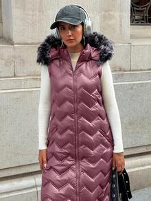 SHEIN Cottnline Waterproof Quality, Faux Fur Hooded Long Line Purple Puffer Winter Vest, Elegant Quilted Vest Burgundy Maroon - Purple - View 5