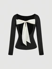 SHEIN MOD Bowknot Back Casual Long Sleeve Fitted Women T-Shirt, Fall, Long Sleeves, Open Back With Oversized Tie Bow, Warmth - Black and White - View 1