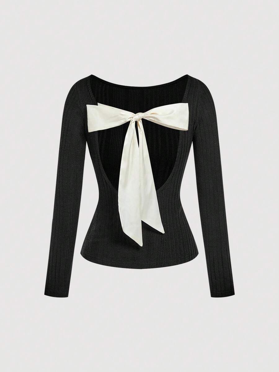 SHEIN MOD Bowknot Back Casual Long Sleeve Fitted Women T-Shirt, Fall, Long Sleeves, Open Back With Oversized Tie Bow, Warmth - Black and White - View 1
