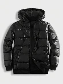 HIMLAND Chaqueta con capucha de unicolor casual para hombres, adecuada para uso diario, chaqueta acolchada negra de invierno para hombres, chaqueta acolchada con capucha para hombres, abrigo de burbuja negro para hombres, chaqueta acolchada brillante para hombres, chaqueta acolchada de invierno para hombres