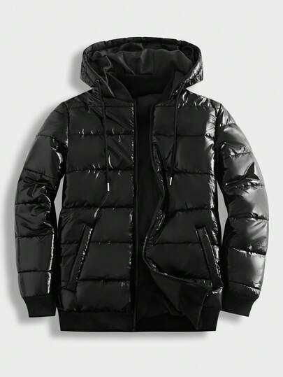 Manfinity VCAY Men's Casual Solid Color Hooded Jacket, Suitable For Daily Wear, Winter Men Black Puffer Jacket Men Puffer Jacket With Hood Men Black Bubble Coat Men Shiny Puffer Jacket Winter Puffer Jacket Men