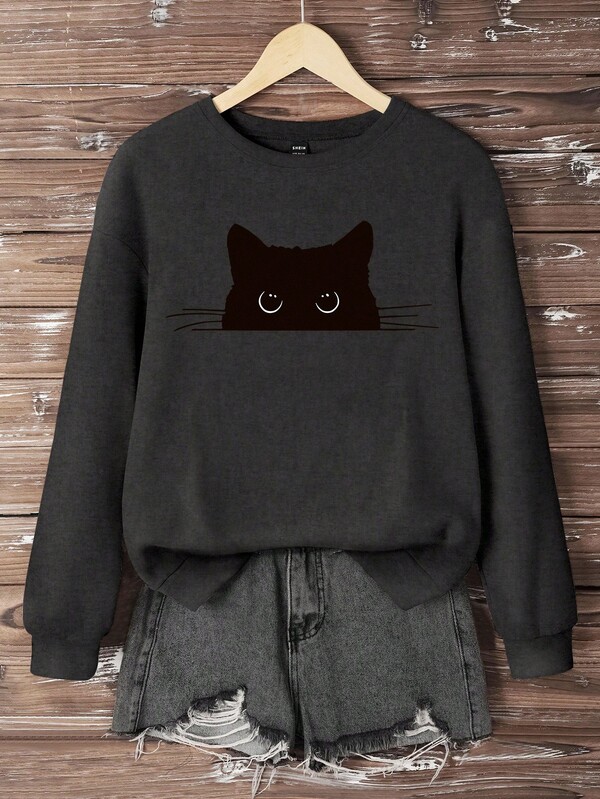 INAWLY Cartoon Cat Print Loose Casual Crew Neck Sweatshirt, Spring/Autumn