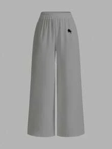 SHEIN EZwear 灰色小马印花休闲裤，适合夏季、度假 - 淺灰色 - 查看 2