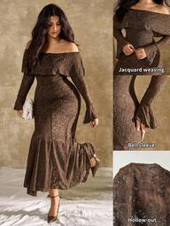Roveilla Plus Size Women's Brown Elegant Peony Floral Off Shoulder Fishtail Dress Autumn Lace Chocolate Long Party Wedding Formal Gathering Banquet Date Fall