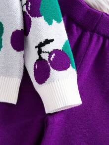 SHEIN Young Girl Jacquard Knit Sweater Leggings 2-Piece Set, Purple Autumn Fairy Cherry Outfit, Vintage Princess Ribbed Winter, Mommy And Me Rainbow - Violet Purple - View 4