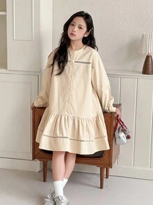 DAZY Tween Girls Round Neck Long Sleeve Woven Dress - Beige - View 2