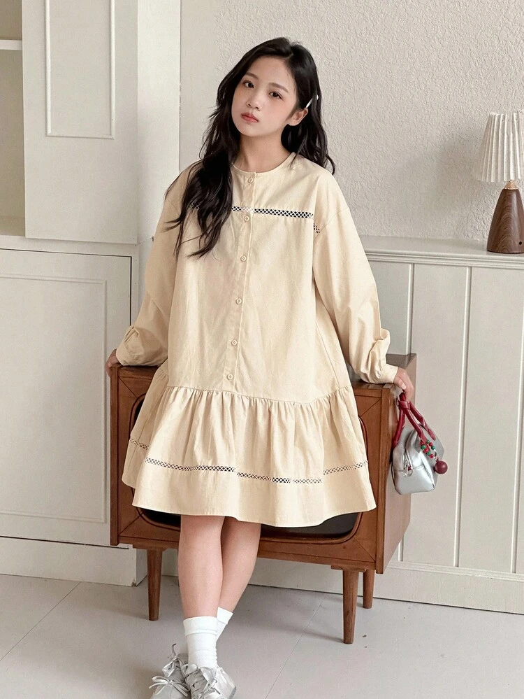 Tween Girls Round Neck Long Sleeve Woven Dress