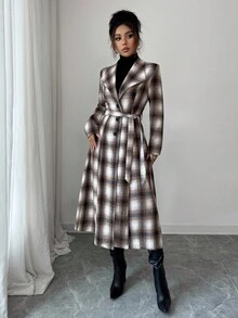Elenzga 优雅通勤时尚百搭格子粗花呢面料，大翻领束腰单排扣长款女式大衣 - 棕色 - 查看 3