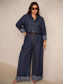 Elaquor Plus Size Dark Blue Denim Jumpsuit, Long-Sleeved Shirt, Straight Pants With Folded Hems, Casual Autumn Wear For Going Out Plus Size Denim Outfits For Women
