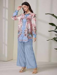 Seusyu 2pcs Women Vintage Flower Print Blouse And Pants Set - Blue - View 6