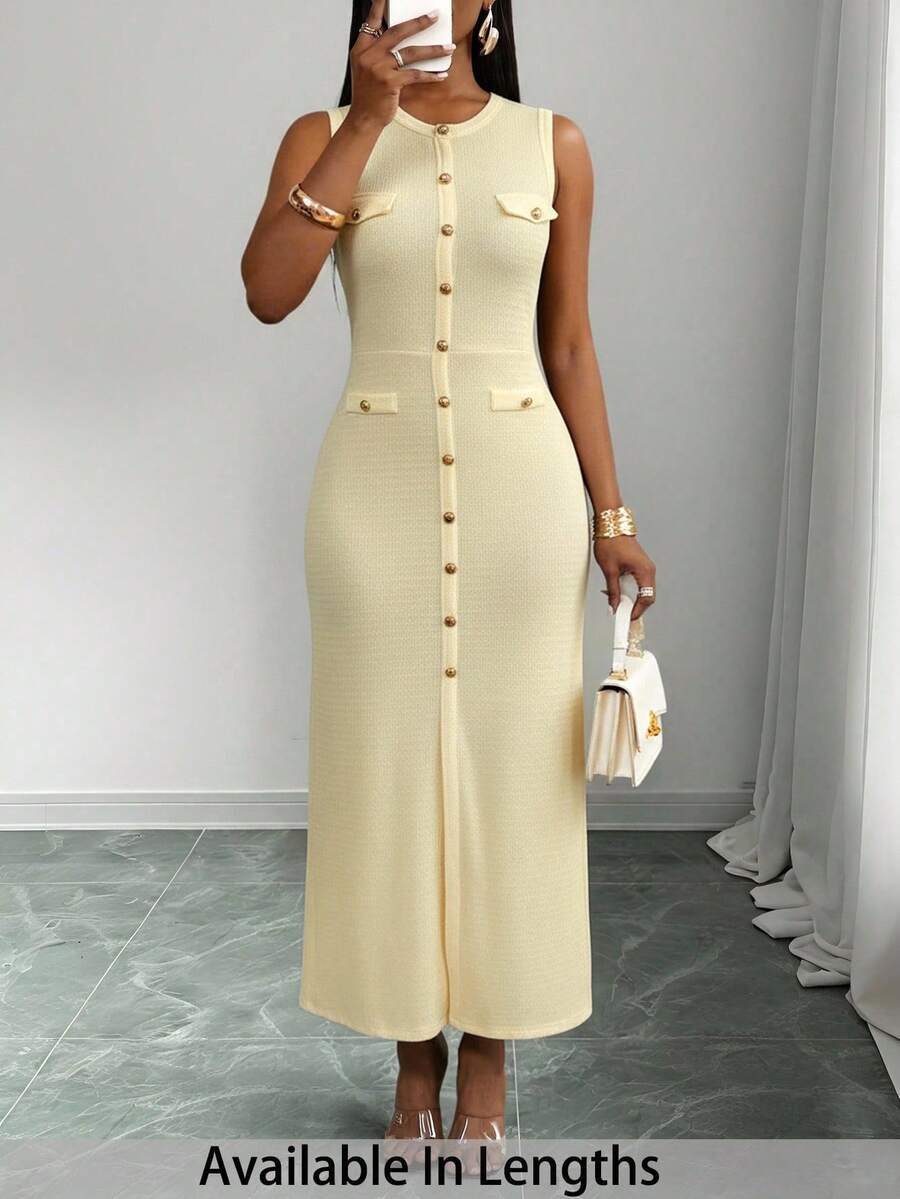 SHEIN PETITE CURVE Plus Size Women Solid Color Round Neck Single-Breasted Sleeveless Fitted Casual Dress - Apricot - View 1
