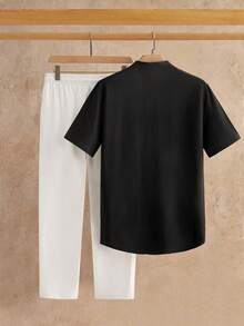 Manfinity NXTstreet 2 件男士休闲梭织宽松短袖衬衫和抽绳腰直筒裤套装，秋季服装 - 彩色 - 查看 2