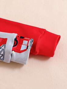 SHEIN Bộ đồ ngủ liền thân dài tay in hình xe cứu hỏa dễ thương cho bé trai, mùa xuân/hè - Đỏ - Xem 5