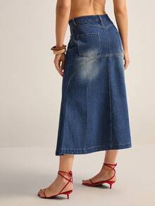 Daynim 女士休闲牛仔纽扣 A 字裙，百搭日常穿着 - 中等水洗藍 - 查看 2