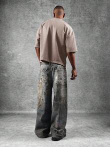 SUMWON Camiseta corta de ante con líneas de costura únicas, ajuste cuadrado, manga corta, moda casual callejera, estilo urbano distintivo con detalles de logotipo