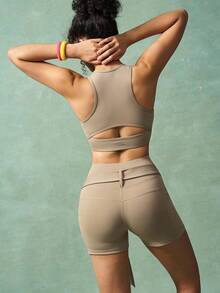 VARSITIE Workout Women Sets Women's Solid Color Round Neck Cropped Tank Top And Tie Waist Shorts Sports Set Beige Workout Set Yoga Two Piece Set Active Two Pieces Set Two Pieces Workout Set
