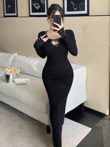 DAZY 优雅法式复古风珍珠镂空圆领修身中长款毛衣裙 - 黑色 - 查看 8