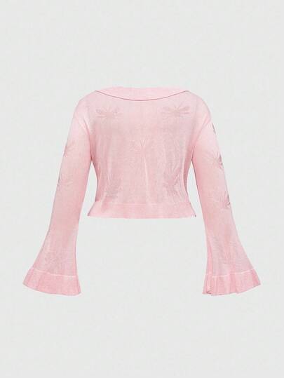 Kawaii Cárdigan de punto corto con mangas acampanadas, volantes en el bajo y estampado de mariposas para tallas grandes