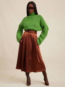 NYA SZN 长袖高领露脐上衣，宽松罗纹针织面料，弹力收腰设计，日常休闲街头风，简约大方，商务休闲，适合办公室、教师、返校季、秋冬季穿着，通勤、节日等场合皆宜，女士必备。 - 綠色 - 查看 7