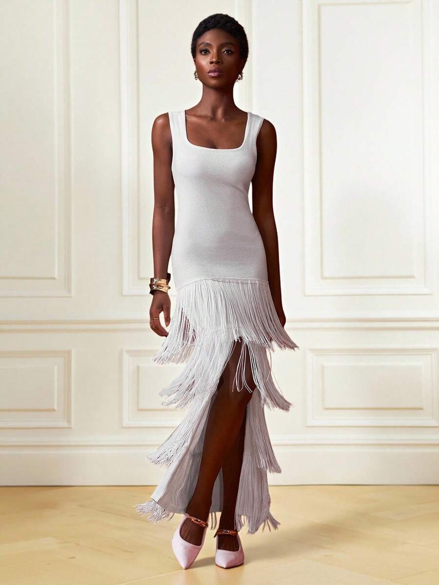 Zivah Váy cưới mùa hè mới 2025 thanh lịch lãng mạn, đầm dự tiệc cocktail màu trắng ôm sát co giãn tua rua trơn màu thời trang dành cho nữ - trắng - Xem 1