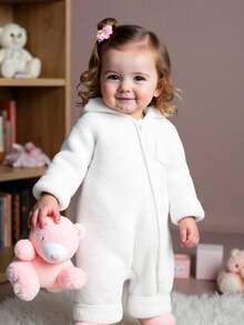 SHEIN 1pc Baby Girls Autumn/Winter Fashion Cute White Furry Hooded Long Sleeve Jumpsuit With Hat & Ear Decor, Suitable For Daily Photoshoot Fall - White - View 3