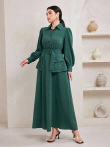 Veilorie Waist Sash Decor Shirt Collar Lantern Sleeve Long Sleeve Women's Long Dress - Green - View 5