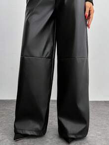 EURMUSE Solid Color, Pu Leather, Elastic Waist, Drawstring, Straight Fit Pants - Black - View 6