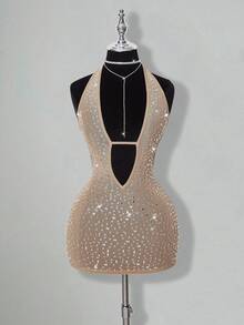 SHEIN ICON 女式杏色深 V 领水钻透视露背迷你连衣裙，性感派对和活动适用 - 杏色 - 查看 7