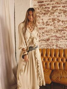 Aralina 女士纯色V领荷叶边下摆休闲连衣裙，度假风 - 杏色 - 查看 10