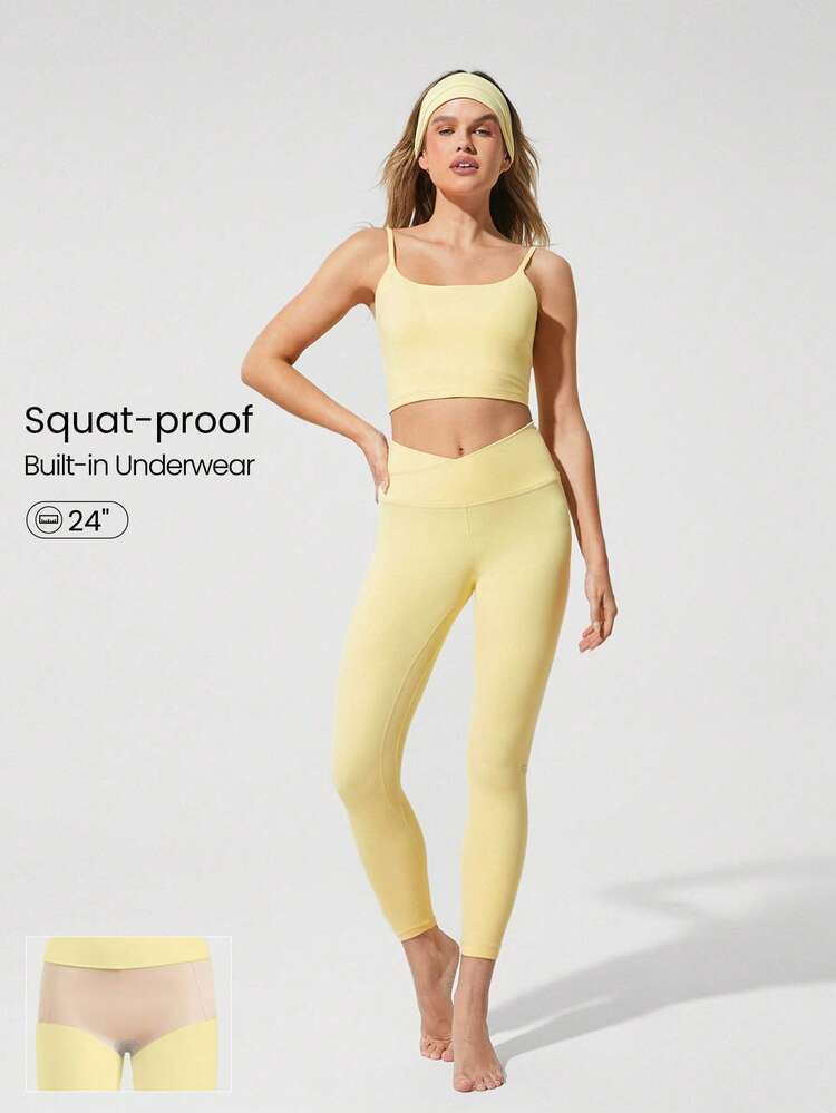 24" FeatherFit™ Crossover Leggings With Built-In Underwear Light Support Low Impact Yoga Pilates Daily Gym Valentine's Day