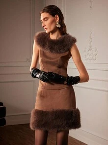 Almamuse 2pcs/Set Casual Elegant Coffee Brown Fur Collar Sleeveless Vest & Fluffy Hem Skirt Set For Women,Autumn Winter Luxury Trimmed Dress For Dining,Office - Coffee Brown - View 3
