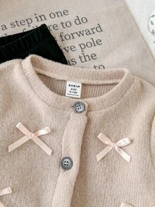 SHEIN Baby Girl Infant Toddler Newborn 0-3 Years Old Autumn/Winter Fashion Knitted Fuzzy Ribbed Bow Cardigan Jacket + Leggings Pants 2-Piece Outfit Set Fall