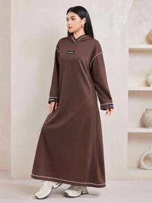 Veilorie 女式秋季撞色条纹字母印花长款连帽卫衣连衣裙 - 棕色 - 查看 5