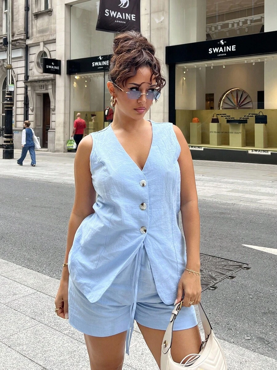 NegzBox Solid Button Front Vest Blazer & Shorts - Baby Blue - View 1