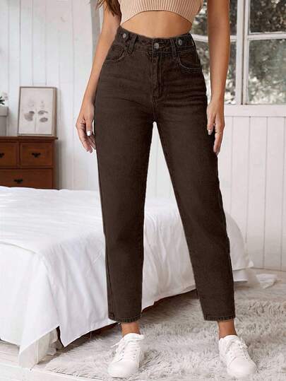 Jeans casual a vita alta con gamba affusolata e lavaggio effetto used