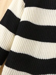 Sparklyn 1 Set Soft & Skin-Friendly Colorblock Striped Crew Neck Loose Sweater & Straight Leg Wide Pants, Versatile Outfit For Casual, Outdoor, Gathering And More Occasions, Suitable For Tween Girls Fall Winter - Multicolor - View 6