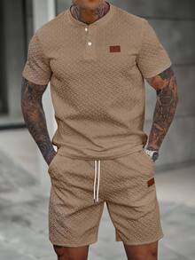 Manfinity CasualCool 2件男士装饰短袖T恤和短裤休闲套装男士两件套休闲男士休闲2件套男士2件套男士两件套 - 卡其色 - 查看 4