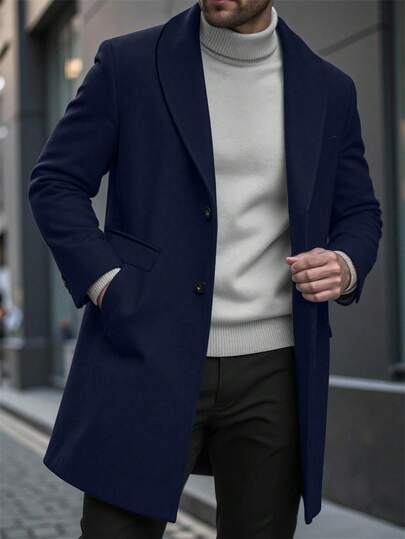 Manfinity Mode Palton bărbătesc cu mânecă lungă, culoare uni, cu buzunar și nasturi în față, albastru marin, toamnă-toamnă