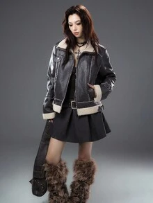 Bloopia Retro American Style Women's Autumn/Winter Halloween New Faux Fur Distressed Texture Composite Material Fashion Classic Versatile Women Jacket Coat - Black - View 5