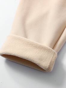 SHEIN Leggings per ragazze pre-adolescenti, termici e foderati per l'autunno/inverno, in morbido tessuto elasticizzato a costine, con toppe in PU, adatti a ogni occasione, colori cachi e albicocca