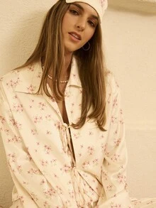 Aralina Sleepwear Fall Winter Satin Cute Floral Print Frill Detail Tie Front Shirt And Wide Leg Pant Two Piece Date Night Sleep Set, Fall Clothes - Multicolor - View 10