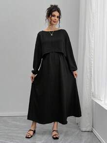 SHEIN 2 件孕妇套装：宽松船领长袖上衣和 A 字腰抽绳裙 - 黑色 - 查看 3