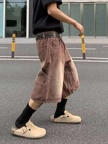 Manfinity EMRG 男士宽松口袋阔腿休闲牛仔短裤 - 咖啡棕 - 查看 3