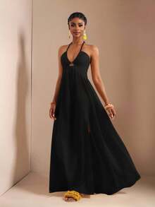 Zivah 新款春夏休闲假日露背露肩胸围、腰围和后背摆裙，前开叉至大腿，黄色海条纹女式超长连衣裙-B