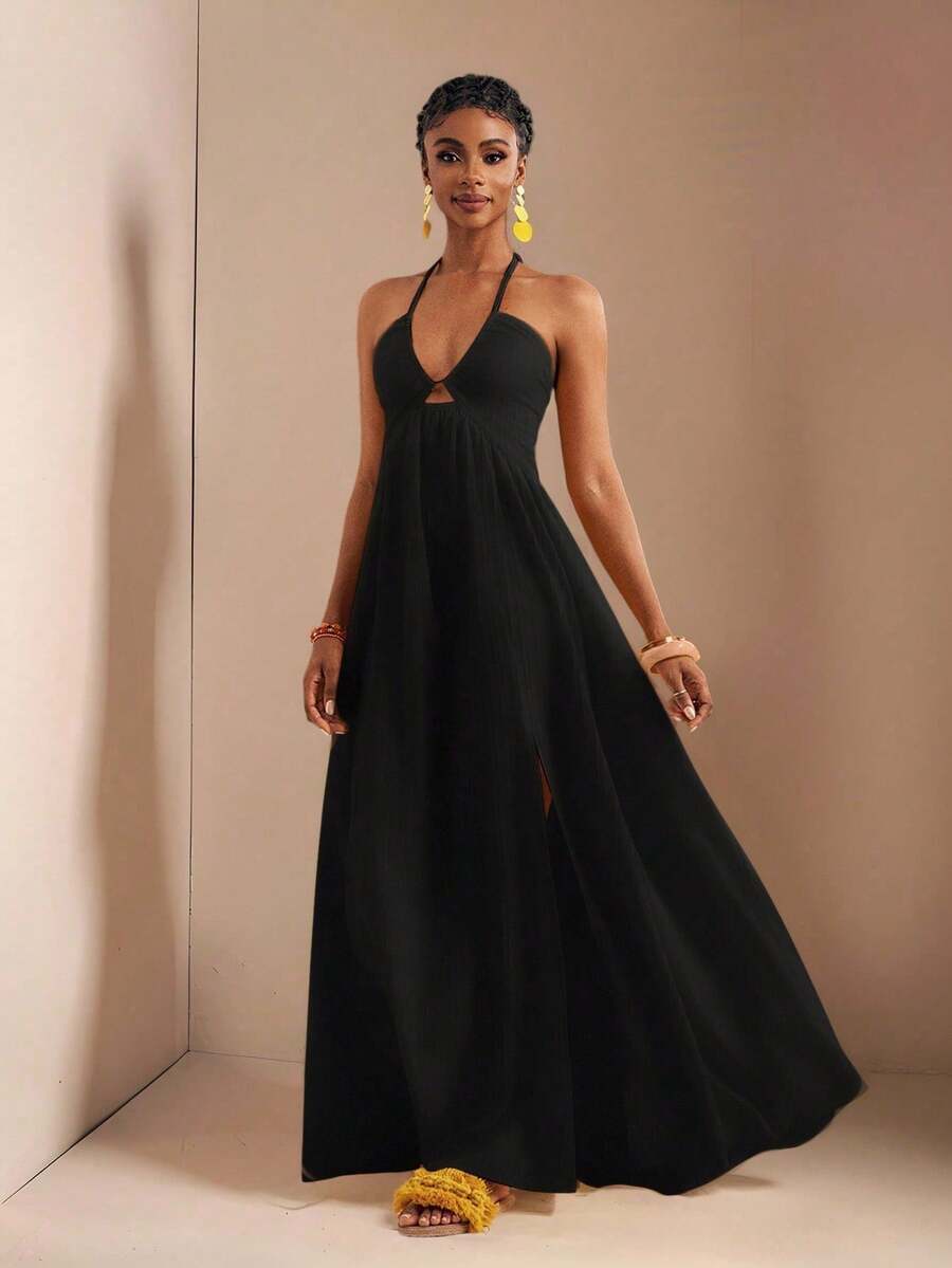 Zivah 新款春夏休闲假日露背露肩胸围、腰围和后背摆裙，前开叉至大腿，黄色海条纹女式超长连衣裙-B