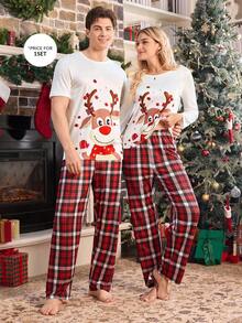 Manfinity Cartoon Christmas Reindeer Print Short Sleeve Pajama Set For Men Matching Couple Pajama Set Men Pjs Set Sleep Wear Sets Reindeer Pajama Set Christmas Pjs - Multicolor - View 3