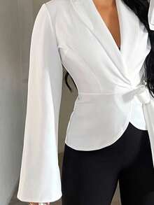 SHEIN SXY Eleganter Business-Lässig geknoteter Blazer mit Langarm, weißes elegantes Top, weißer Blazer für Damen, weißes Top mit Schleife, weiße elegante Blusen, weiße Langarm-Bluse Herbst-Winter-Kleidung für Damen - Weiss - Übersicht 7
