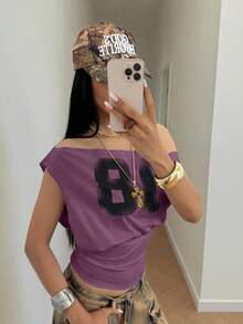 StreetHx Áo thun nữ thời trang xếp ly lệch vai, ôm sát, in số - Màu tím - Xem 6