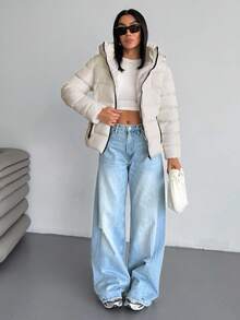 EURMUSE Contrast Zipper, Hooded, Padded, Winter Coat - White - View 6