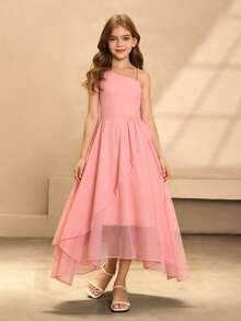 Váy biểu diễn piano trơn màu cổ lệch cho bé gái tuổi teen, chất liệu voan cho dịp trang trọng và trang phục trở lại trường - Hồng - Xem 1